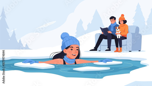 Couple relaxing by a frozen lake with a woman swimming