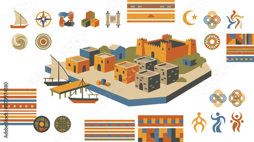 Vibrant Mediterranean coastal town with sailboats and cultural symbols