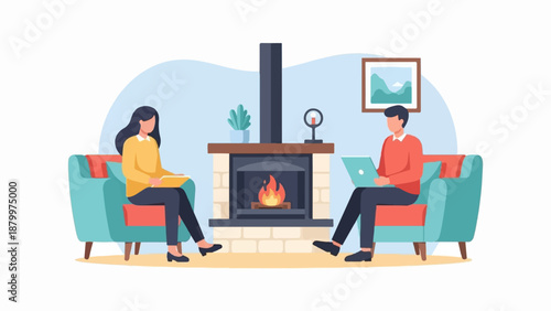 Couple relaxing by fireplace, one with laptop, other with tablet