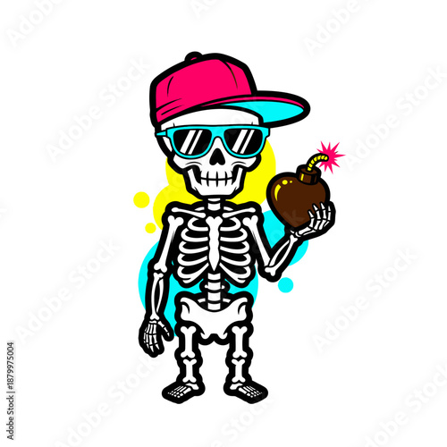 Playful skeleton character wearing colorful accessories holding a coconut