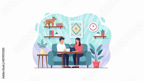 Couple sitting on sofa, working on laptop and drinking coffee at home