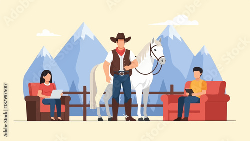 Cowboy, horse, and people relaxing near mountains