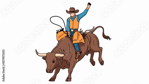 Cowboy rides a bucking bull, lasso in hand