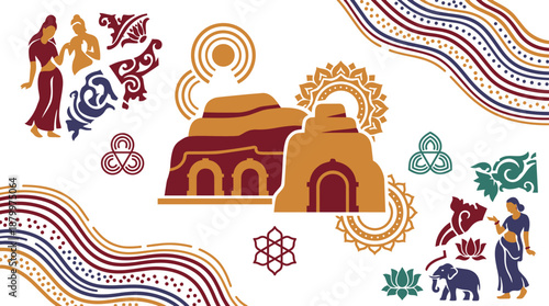 Vibrant cultural heritage graphic with Indian temple and decorative motifs