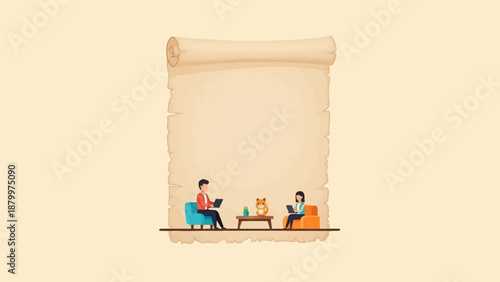 Couple and pet at home, working remotely with old scroll