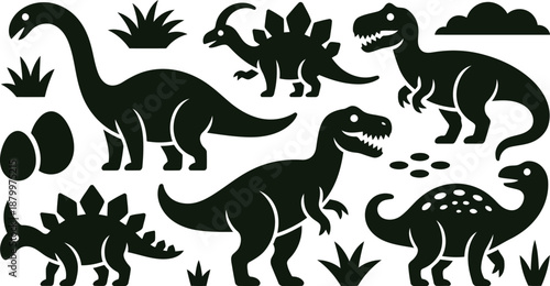 Various black dinosaur silhouettes including ancient reptiles and prehistoric flora on a clean white background