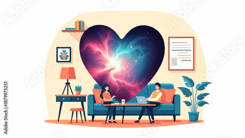 Couple in living room with heart-shaped nebula backdrop