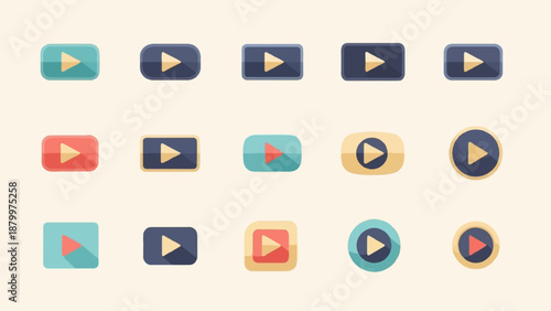 Collection of flat design play buttons in various shapes and colors