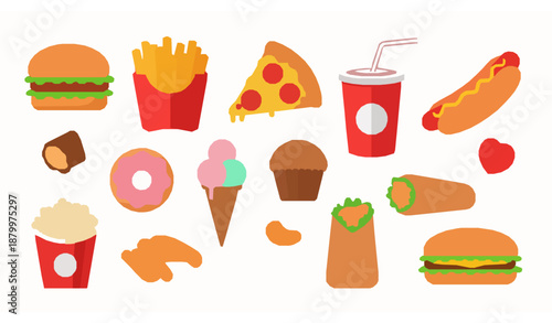 Cute flat fast food vector illustration set with junk snacks isolated on white
