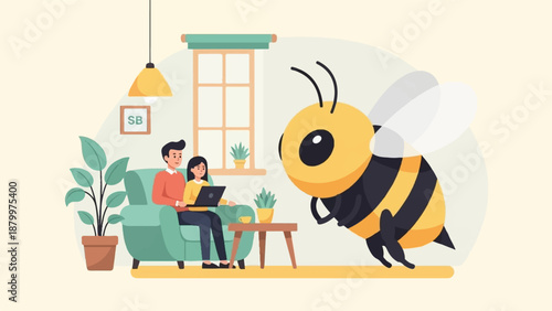 Couple using laptop in room with large bee illustration