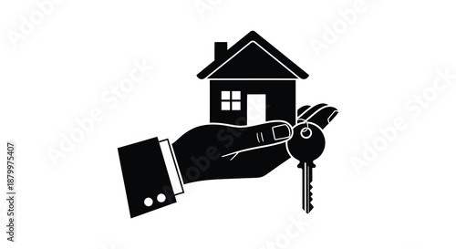 A stylized depiction of a hand gently holding a house with a key symbolizing property ownership and the dream of homeownership silhouette