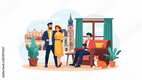 Couple in stylish attire admires cityscape while man reads with dog