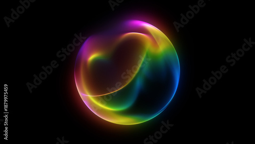 Abstract glowing neon sphere rainbow gradients deep black backdrop dynamic orb light soft mesh texture futuristic digital energy core effect high tech background visual premium design