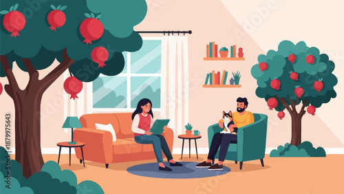 Couple and pet relax indoors with fruit trees and books