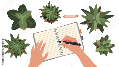 Person Writing in Notebook with Succulents.