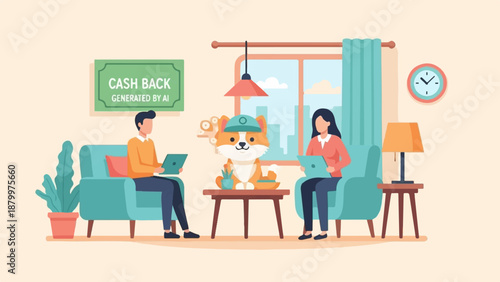 Couple at home with pet and AI cash back concept
