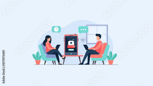 Couple using laptops near smartphone displaying open padlock, communication icons