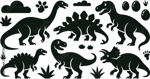 Various dinosaur silhouettes including T Rex Stegosaurus Brontosaurus with footprints and leaves