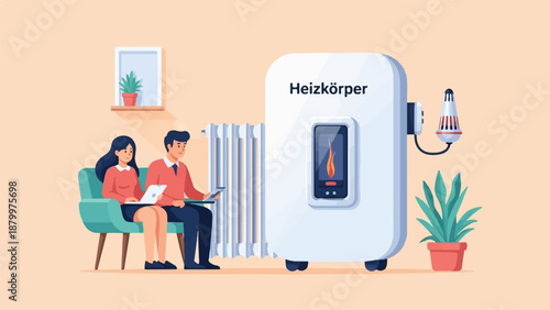 Couple using technology near a modern heating appliance with plants