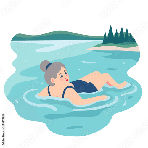 Elderly woman floating in lake during summer with green trees  
