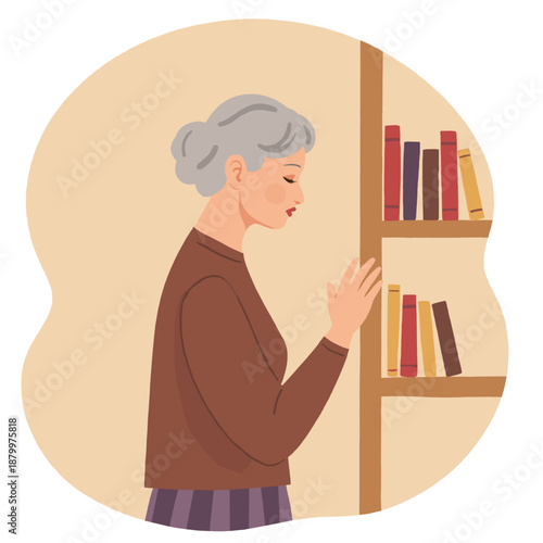 Older woman standing by bookshelf and contemplating books  
