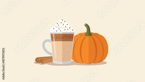 Cozy autumn latte with pumpkin and cinnamon sticks
