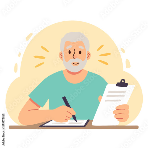 Elderly man smiling and taking notes with a pen at the desk  