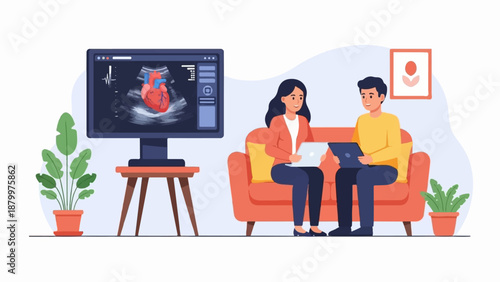 Couple viewing heart ultrasound on monitor and tablets in a room