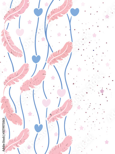 Whimsical pink feathers and hearts on blue lines with stars