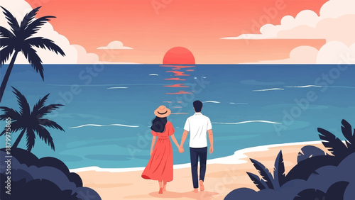 Couple walking hand-in-hand on a tropical beach at sunset