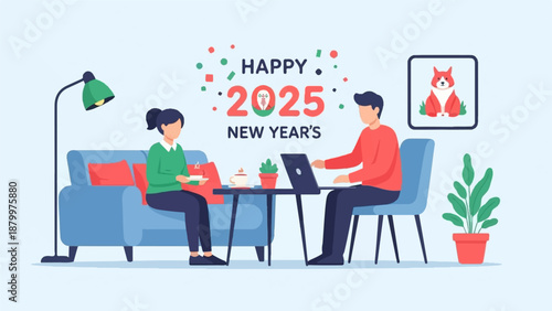 Couple celebrating new year at home with laptop, cake and coffee