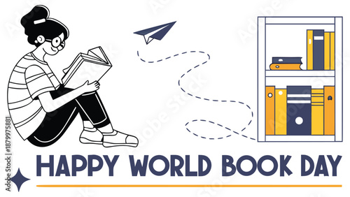 Woman reading book on World Book Day with bookshelf