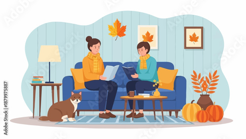 Cozy autumn scene with two people and a dog reading indoors