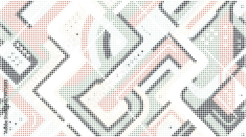 Halftone pattern with geometric shapes in black and red dots on white