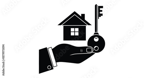A black silhouette of a hand holding a key with a house shape integrated into the key s design silhouette high quality