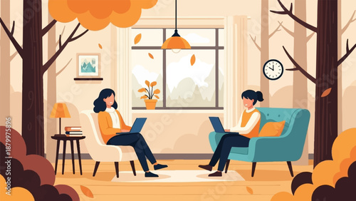 Cozy autumn scene with two people working on laptops indoors