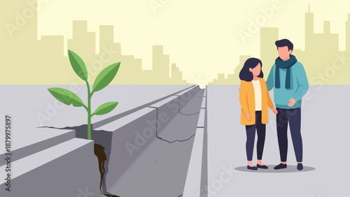 Couple observes a seedling growing from a crack in concrete, city skyline backdrop
