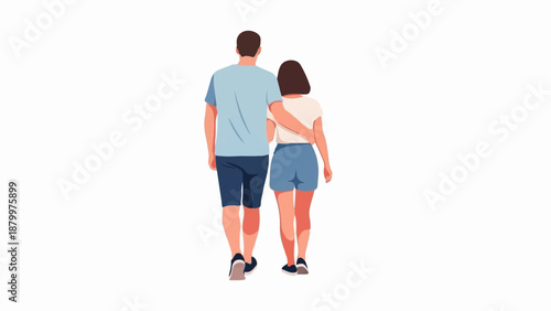Couple walking together, man's arm around woman, rear view, casual summer attire