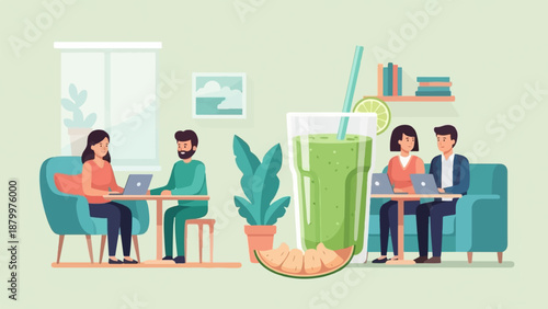 Cozy cafe scene with people working on laptops and enjoying a refreshing green smoothie