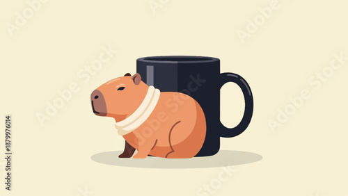 Cozy capybara with scarf rests near a large black mug