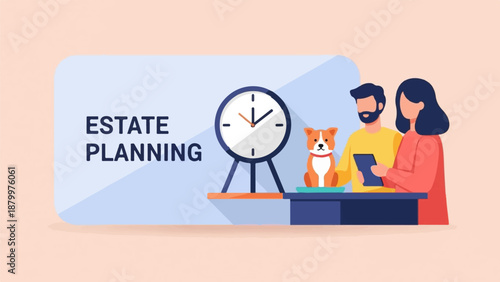 Couple with dog and clock plan future, a key moment