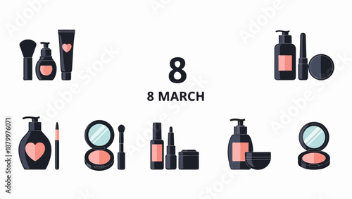 Collection of makeup items with "8 MARCH" text