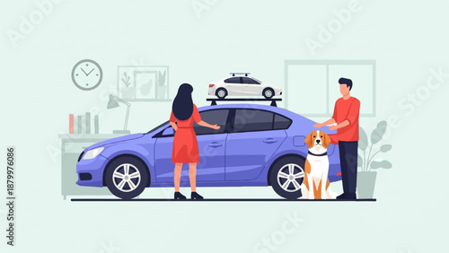 Couple with dog and two cars, one on roof, near desk and plant