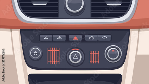 Close up of a car's climate control panel with buttons and vents