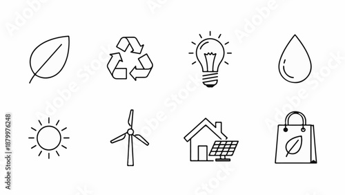 Collection of simple line art icons representing environmental concepts