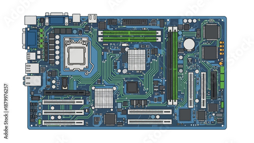 Electronic computer circuit board with processor and digital hardware components illustration