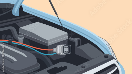 Close up of a car engine compartment showing electrical components and wiring