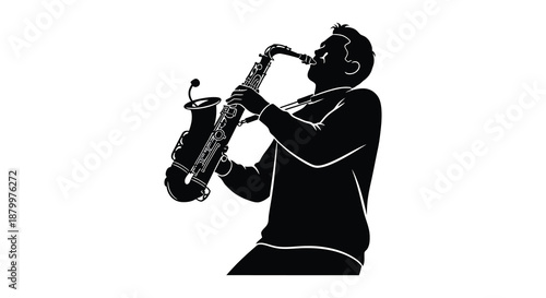 A striking black and white depiction showcases a musician passionately playing a saxophone captured in a bold artistic silhouette high quality