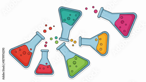 Colorful science flasks bubble with diverse chemical liquids
