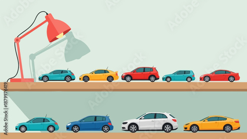 Colorful toy cars lined up on shelves under a bright desk lamp